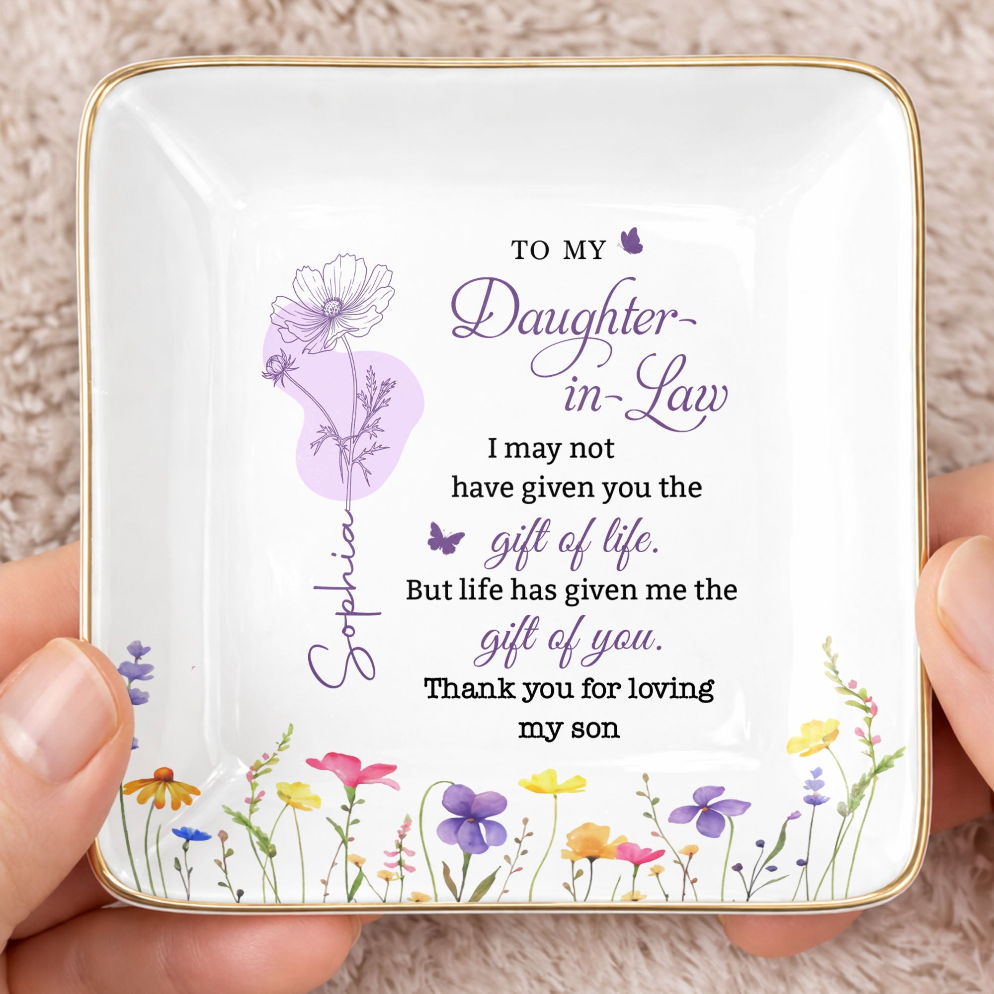 To My Daughter In Law Gift Of You Birth Month Flowers - Personalized Custom Jewelry Dish, Ceramic Dish, Square Shape - DILA108_SCRF