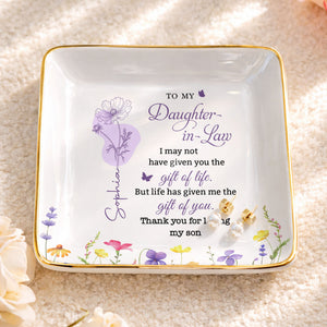 To My Daughter In Law Gift Of You Birth Month Flowers - Personalized Custom Jewelry Dish, Ceramic Dish, Square Shape - DILA108_SCRF