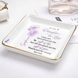 To My Daughter In Law Gift Of You Birth Month Flowers - Personalized Custom Jewelry Dish, Ceramic Dish, Square Shape - DILA108_SCRF