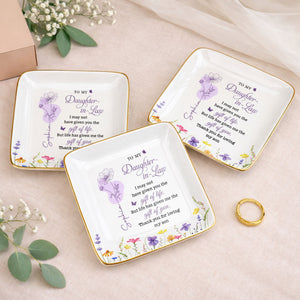 To My Daughter In Law Gift Of You Birth Month Flowers - Personalized Custom Jewelry Dish, Ceramic Dish, Square Shape - DILA108_SCRF
