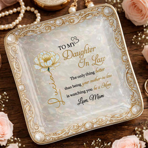 To My Daughter In Law watching You Be A Mom Birth Month Flower - Personalized Custom Jewelry Dish, Ceramic Dish, Square Shape - DILA111_SCRF