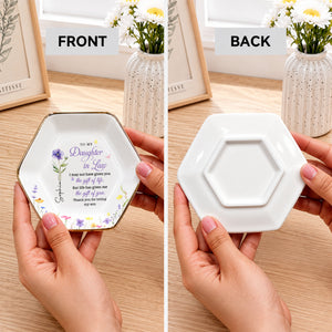 To My Daughter In Law Life Has Given Me The Gift Of You Birth Flowers - Personalized Custom Jewelry Dish, Ceramic Dish, Hexagonal Shape - DILA116_HECRD