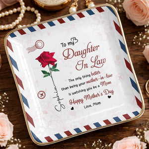 To My Daughter In Law Rose Flower And Envelope Design - Personalized Custom Jewelry Dish, Ceramic Dish, Square Shape - DILA156_SCRF