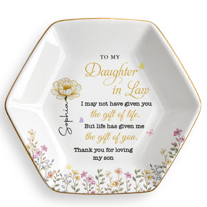 To My Daughter In Law Gift Of You Birth Month Flowers - Personalized Custom Jewelry Dish, Ceramic Dish, Hexagonal Shape - DILA174_HECRD