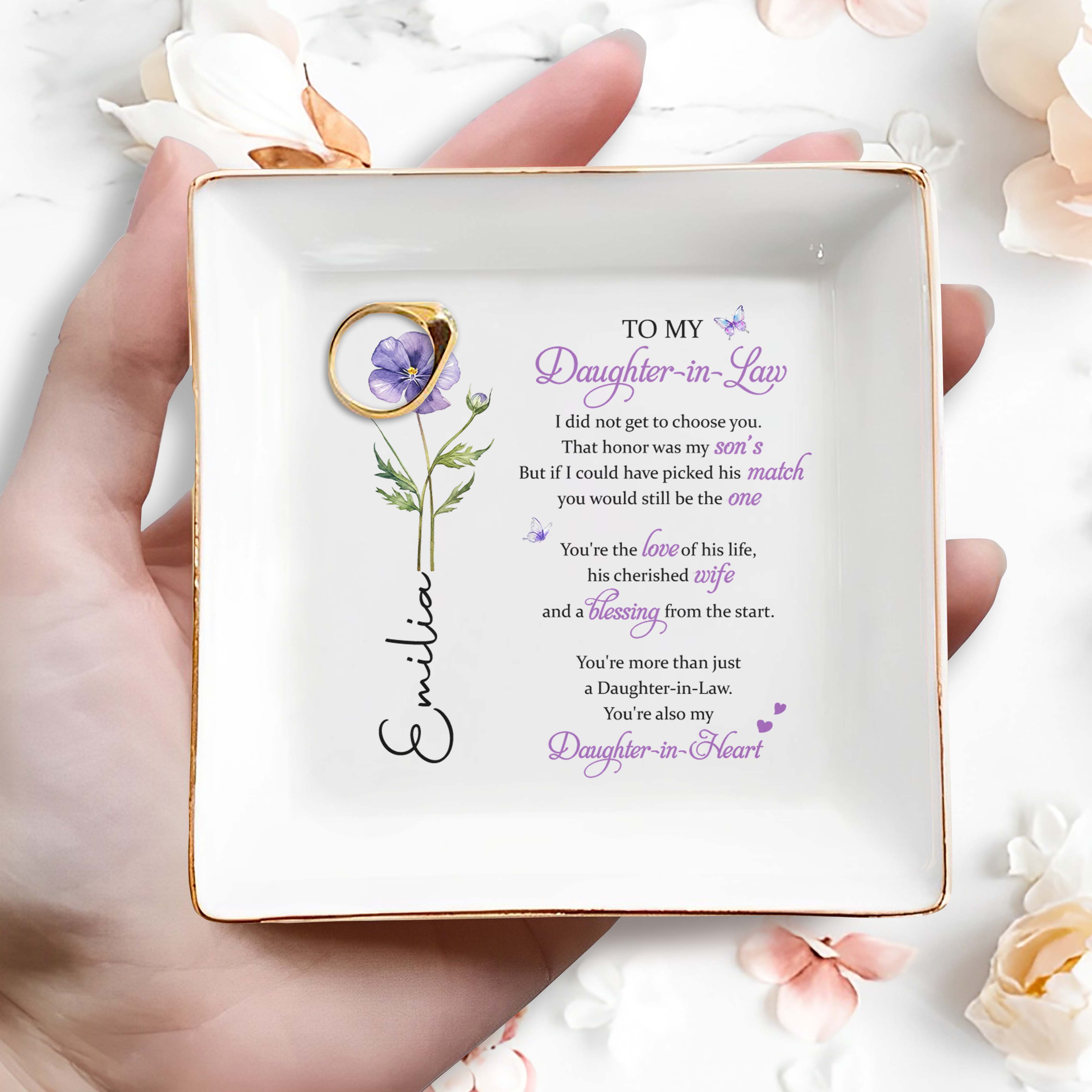 To My Daughter In Law Flower And Butterfly Personalized Keepsake - Personalized Custom Jewelry Dish, Square Ceramic Dish - DILA187_SCRD