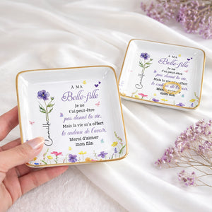 À MA Belle-fille, Custom Birth Month Flowers And Butterflies - Personalized Custom Jewelry Dish, Ceramic Dish, Square Shape - DILA215_SCRF