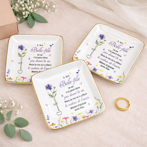 À MA Belle-fille, Custom Birth Month Flowers And Butterflies - Personalized Custom Jewelry Dish, Ceramic Dish, Square Shape - DILA215_SCRF