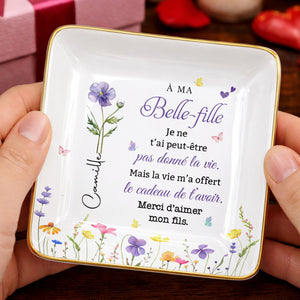 À MA Belle-fille, Custom Birth Month Flowers And Butterflies - Personalized Custom Jewelry Dish, Ceramic Dish, Square Shape - DILA215_SCRF