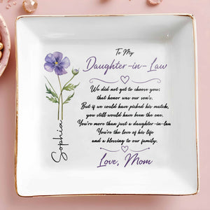 To My Daughter In Law Blessing To Our Family Birth Month Flower - Personalized Custom Jewelry Dish, Square Ceramic Dish - DILA233_SCRD