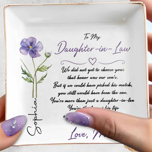 To My Daughter In Law Blessing To Our Family Birth Month Flower - Personalized Custom Jewelry Dish, Square Ceramic Dish - DILA233_SCRD