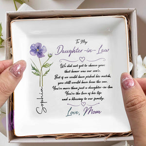 To My Daughter In Law Blessing To Our Family Birth Month Flower - Personalized Custom Jewelry Dish, Square Ceramic Dish - DILA233_SCRD