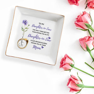 To My Daughter In Law Only Thing Better Birth Month Flower Hearts - Personalized Custom Jewelry Dish, Square Ceramic Dish - DILA306_SCRD