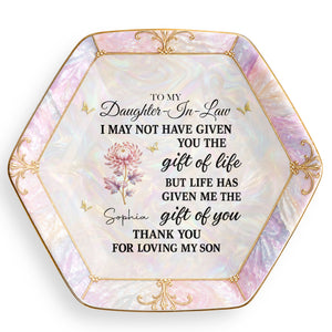 To My Daughter-In-Law Gift Of You Flower Butterfly - Personalized Custom Jewelry Dish, Ceramic Dish, Hexagonal Shape - DILA336_HECRD