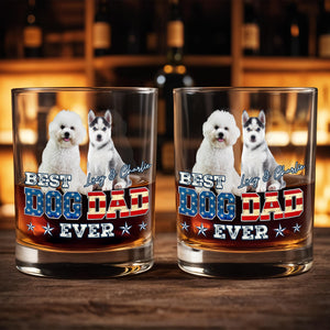 Best Dog Dad Ever With American Flag Dogs - Personalized Custom Whiskey Glass - DOG133_RWG