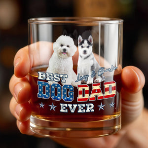 Best Dog Dad Ever With American Flag Dogs - Personalized Custom Whiskey Glass - DOG133_RWG