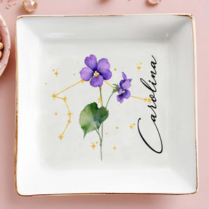 Colorful Flowers With Constellation Design Personalized Dish - Personalized Custom Jewelry Dish, Square Ceramic Dish - DTG041_SCRD