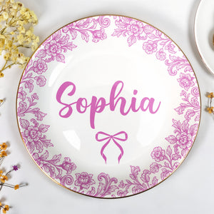 Personalize With Your Special Message, Flowers And Bow - Personalized Custom Jewelry Dish, Ceramic Dish, Round Shape - DTG042_RCRF