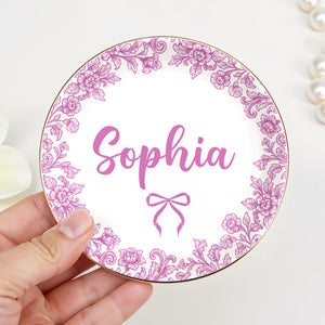 Personalize With Your Special Message, Flowers And Bow - Personalized Custom Jewelry Dish, Ceramic Dish, Round Shape - DTG042_RCRF