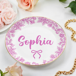 Personalize With Your Special Message, Flowers And Bow - Personalized Custom Jewelry Dish, Ceramic Dish, Round Shape - DTG042_RCRF