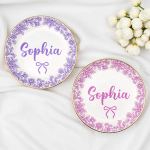 Personalize With Your Special Message, Flowers And Bow - Personalized Custom Jewelry Dish, Ceramic Dish, Round Shape - DTG042_RCRF