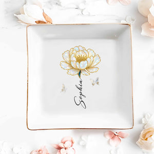 Elegant Custom Jewelry Dish With Flower And Butterflies - Personalized Custom Jewelry Dish, Square Ceramic Dish - DTG043_SCRD