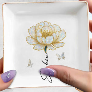 Elegant Custom Jewelry Dish With Flower And Butterflies - Personalized Custom Jewelry Dish, Square Ceramic Dish - DTG043_SCRD