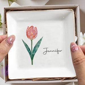 Elegantly Personalized Tulip Design Jewelry Dish - Personalized Custom Jewelry Dish, Square Ceramic Dish - DTG054_SCRD