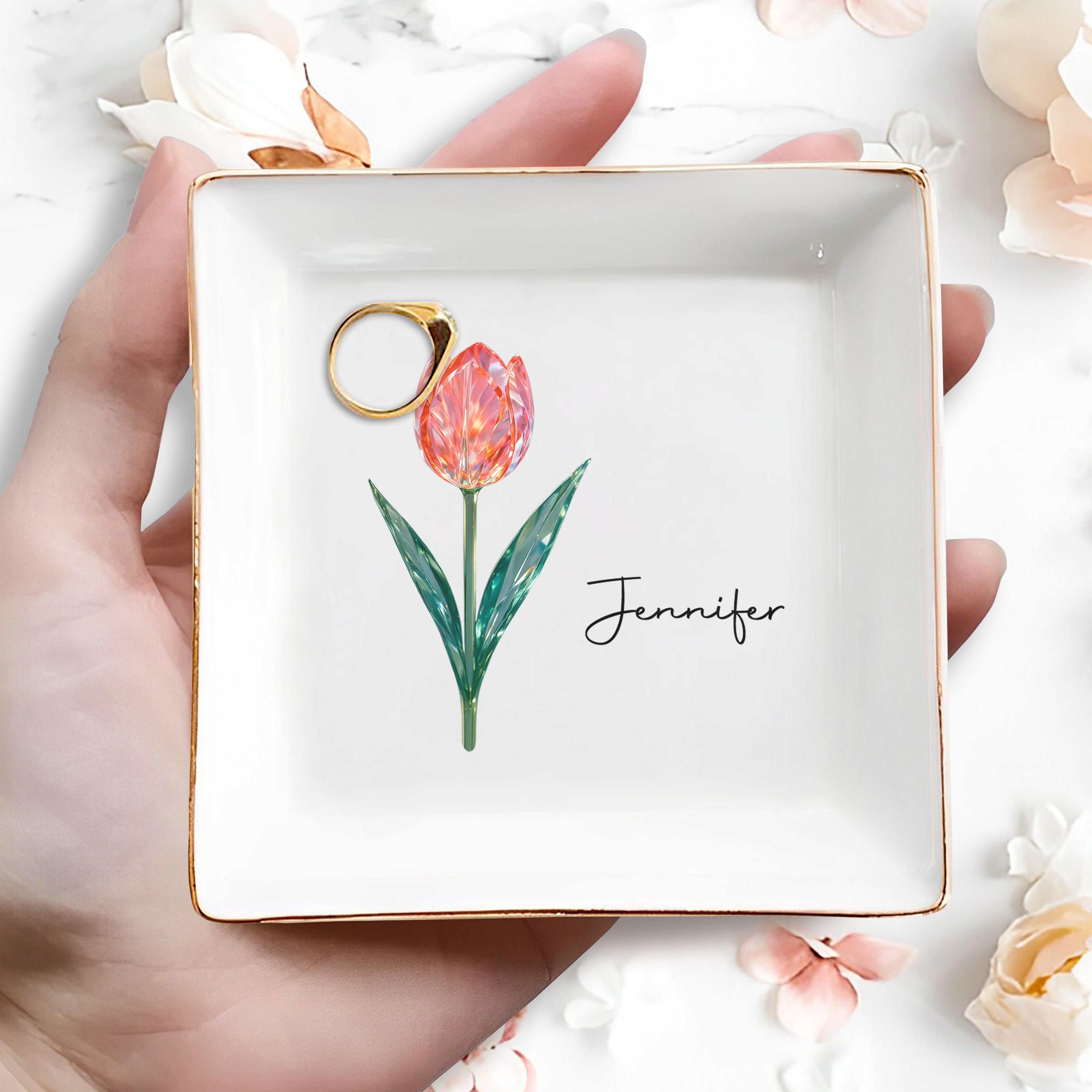 Elegantly Personalized Tulip Design Jewelry Dish - Personalized Custom Jewelry Dish, Square Ceramic Dish - DTG054_SCRD