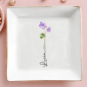 Beautiful Birth Month Flower Custom Name Square Ceramic Dish - Personalized Custom Jewelry Dish, Square Ceramic Dish - DTG084_SCRD