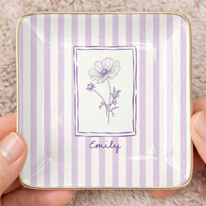 Personalized Birth Month Flower With Custom Name And Purple Stripes - Personalized Custom Jewelry Dish, Ceramic Dish, Square Shape - DTG087_SCRF