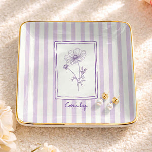Personalized Birth Month Flower With Custom Name And Purple Stripes - Personalized Custom Jewelry Dish, Ceramic Dish, Square Shape - DTG087_SCRF