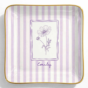 Personalized Birth Month Flower With Custom Name And Purple Stripes - Personalized Custom Jewelry Dish, Ceramic Dish, Square Shape - DTG087_SCRF