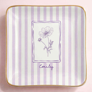 Personalized Birth Month Flower With Custom Name And Purple Stripes - Personalized Custom Jewelry Dish, Ceramic Dish, Square Shape - DTG087_SCRF