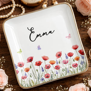 Custom Birth Month Flowers and Butterflies Garden Jewelry Dish - Personalized Custom Jewelry Dish, Ceramic Dish, Square Shape - DTG092_SCRF