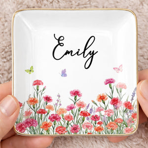 Custom Birth Month Flowers and Butterflies Garden Jewelry Dish - Personalized Custom Jewelry Dish, Ceramic Dish, Square Shape - DTG092_SCRF