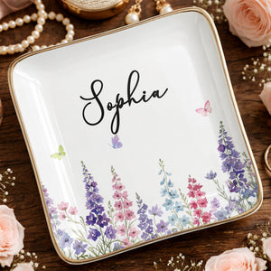 Custom Birth Month Flowers and Butterflies Garden Jewelry Dish - Personalized Custom Jewelry Dish, Ceramic Dish, Square Shape - DTG092_SCRF