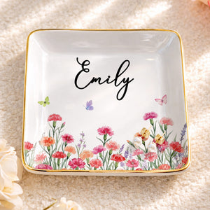Custom Birth Month Flowers and Butterflies Garden Jewelry Dish - Personalized Custom Jewelry Dish, Ceramic Dish, Square Shape - DTG092_SCRF