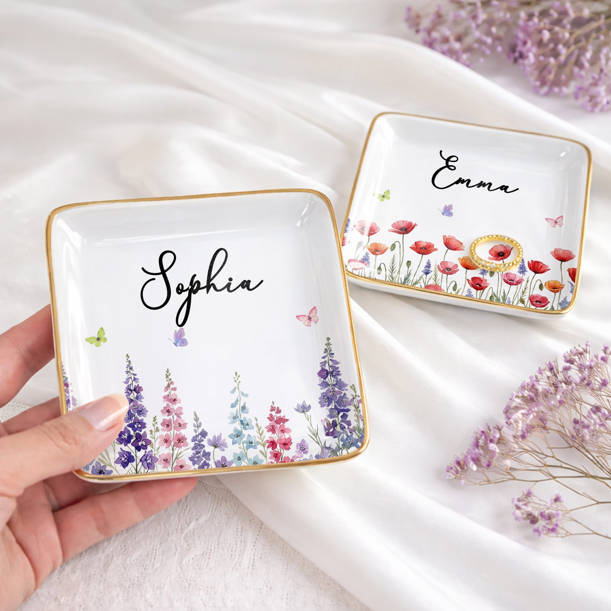 Custom Birth Month Flowers and Butterflies Garden Jewelry Dish - Personalized Custom Jewelry Dish, Ceramic Dish, Square Shape - DTG092_SCRF