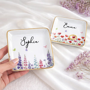 Custom Birth Month Flowers and Butterflies Garden Jewelry Dish - Personalized Custom Jewelry Dish, Ceramic Dish, Square Shape - DTG092_SCRF