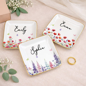 Custom Birth Month Flowers and Butterflies Garden Jewelry Dish - Personalized Custom Jewelry Dish, Ceramic Dish, Square Shape - DTG092_SCRF