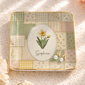 Bloom With Grace And Love Birth Month Flowers Faux Patchwork - Personalized Custom Jewelry Dish, Ceramic Dish, Square Shape - DTG112_SCRF