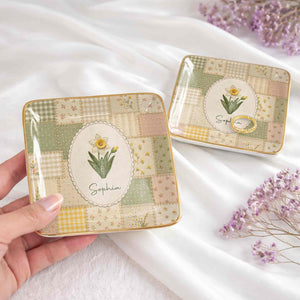 Bloom With Grace And Love Birth Month Flowers Faux Patchwork - Personalized Custom Jewelry Dish, Ceramic Dish, Square Shape - DTG112_SCRF