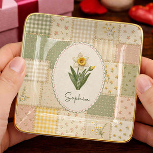 Bloom With Grace And Love Birth Month Flowers Faux Patchwork - Personalized Custom Jewelry Dish, Ceramic Dish, Square Shape - DTG112_SCRF