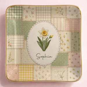 Bloom With Grace And Love Birth Month Flowers Faux Patchwork - Personalized Custom Jewelry Dish, Ceramic Dish, Square Shape - DTG112_SCRF