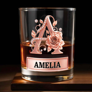 Elegant Rose Gold Alphabet Initial Floral Rose And Diamonds - Personalized Custom Whiskey Glass - DTG141_RWG