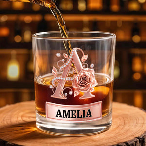 Elegant Rose Gold Alphabet Initial Floral Rose And Diamonds - Personalized Custom Whiskey Glass - DTG141_RWG
