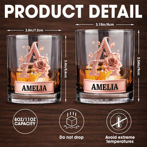Elegant Rose Gold Alphabet Initial Floral Rose And Diamonds - Personalized Custom Whiskey Glass - DTG141_RWG