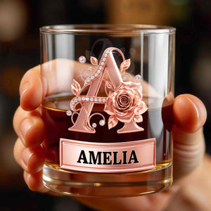 Elegant Rose Gold Alphabet Initial Floral Rose And Diamonds - Personalized Custom Whiskey Glass - DTG141_RWG