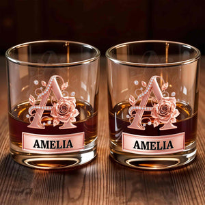 Elegant Rose Gold Alphabet Initial Floral Rose And Diamonds - Personalized Custom Whiskey Glass - DTG141_RWG