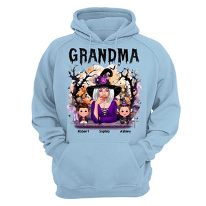 Halloween Orange Purple Dripping Grandma Grandkids Personalized Shirt - Hoodie Light Blue